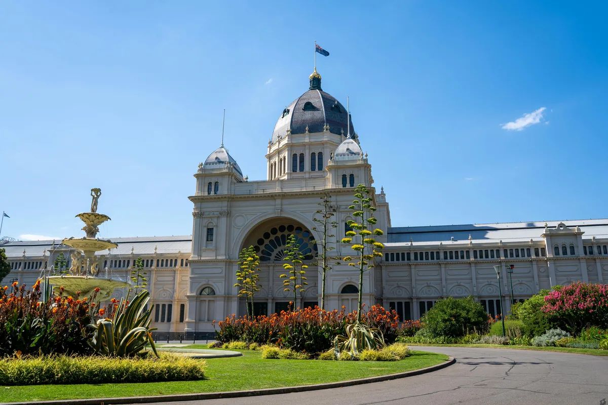 The Royal Exhibition Building in Carlton Gardens, with its large central dome and ornate facade