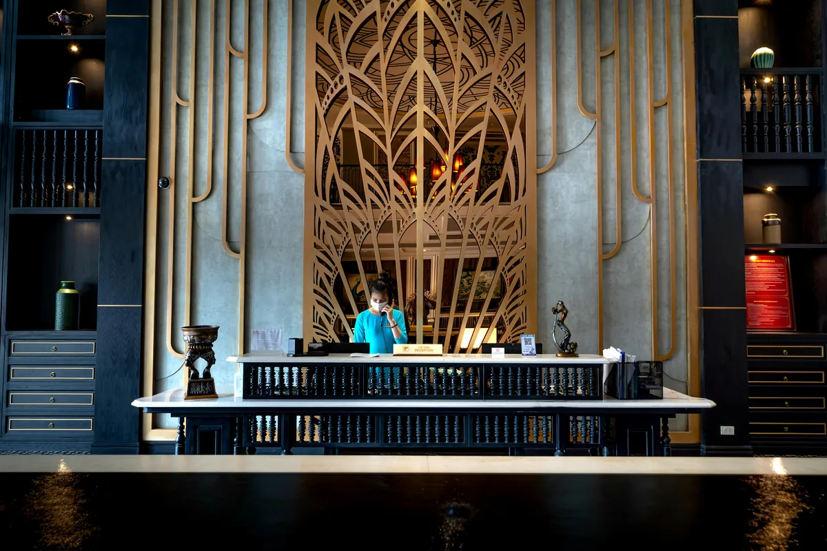 A design-led hotel lobby with bold art and furnishings in Melbourne