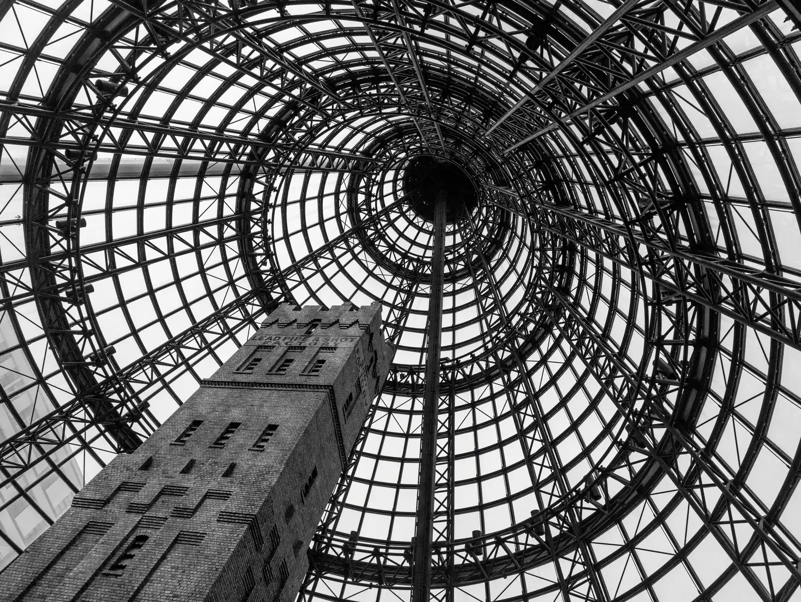 The historic Coop's Shot Tower under the glass cone at Melbourne Central