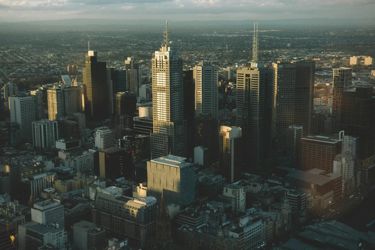 A rooftop bar with skyline views in Melbourne at dusk