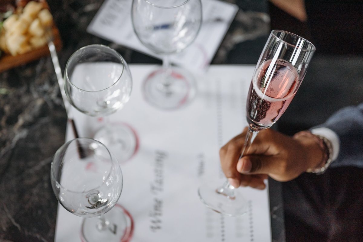 Glasses lined up for a wine tasting
