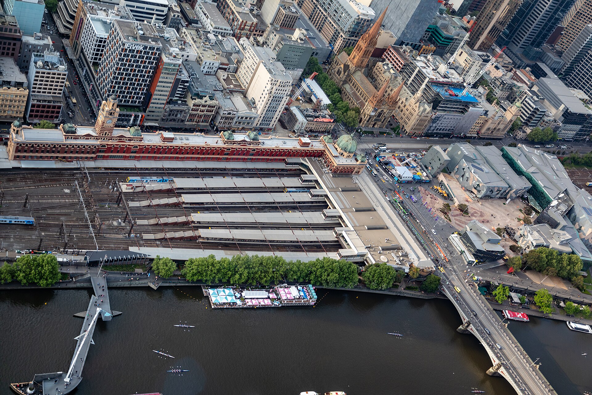 Aerial view over Melbourne city centre and Flinders Street Station