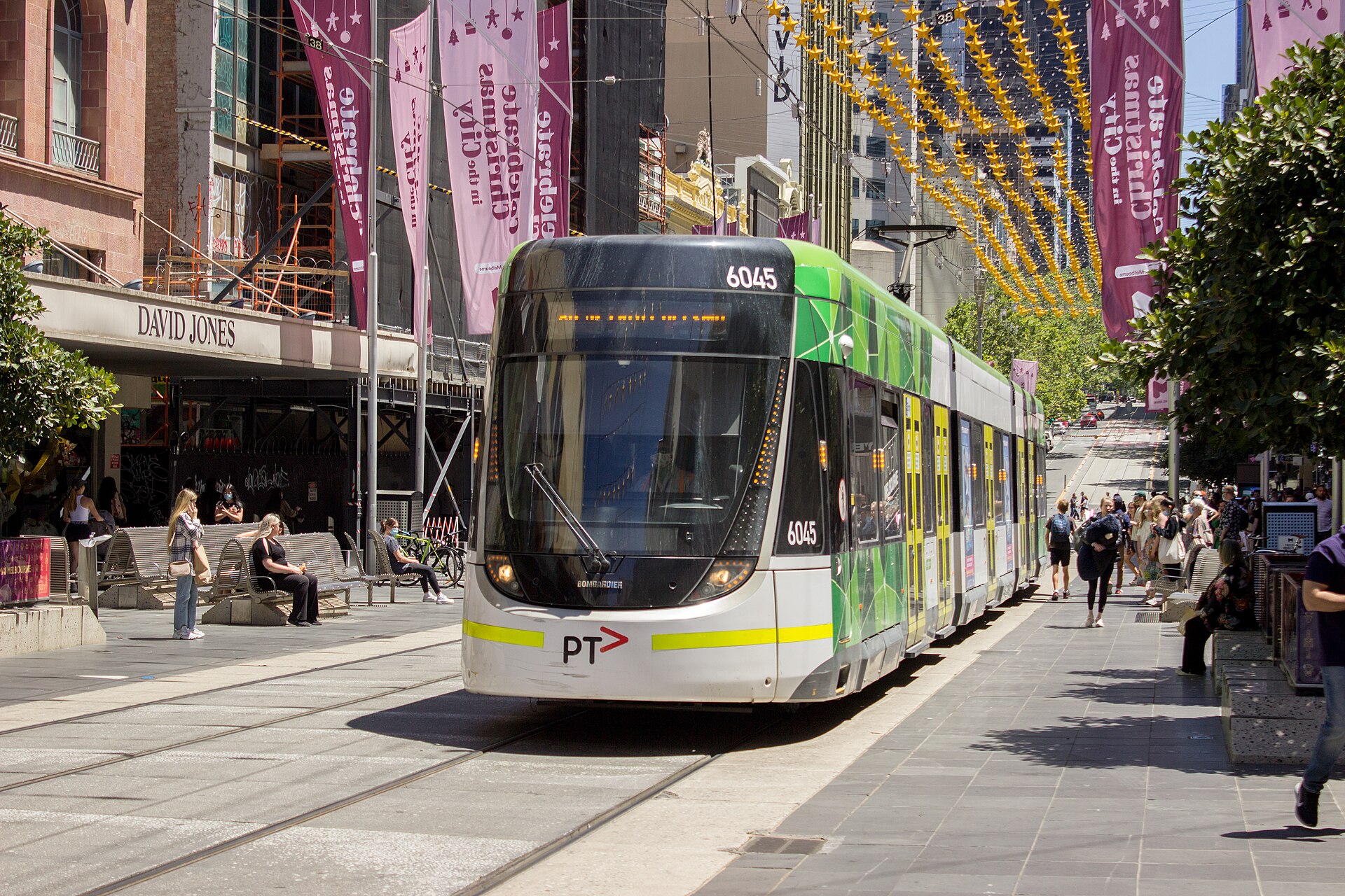 Melbourne E-class tram travelling through Bourke Street Mall