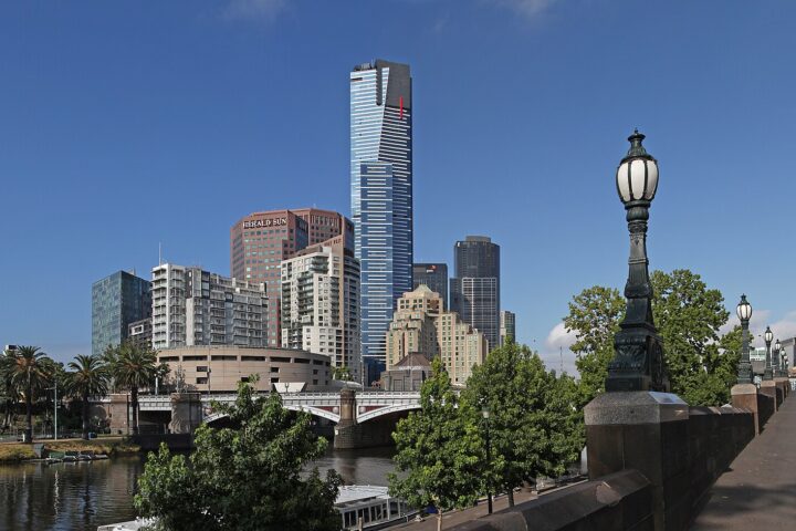 Eureka Tower rising above Southbank with the Arts Centre spire and Princes Bridge over the Yarra River