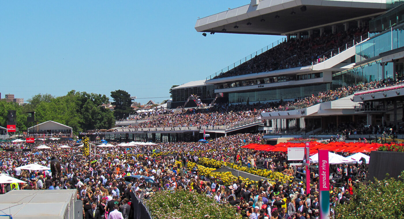 Packed lawns and the tiered main stand at Flemington Racecourse on Melbourne Cup Day, with red roses along the rail