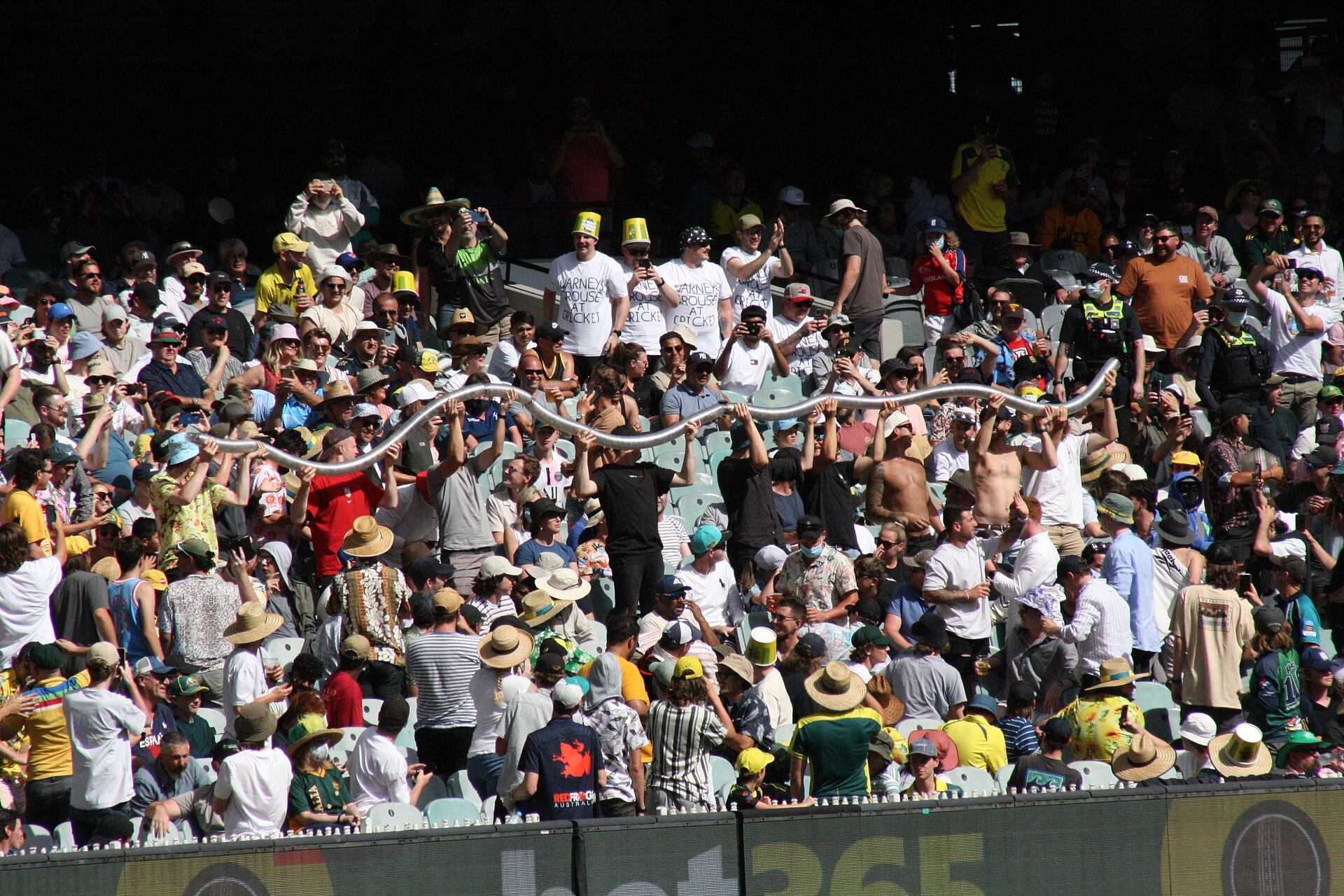 A long snake of stacked plastic beer cups held aloft by a crowd of spectators in hats in a lower stand at the MCG